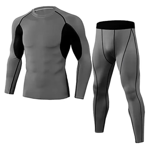 2pcs Set Man Tracksuits Compression Gym <b>Fitness</b> <b>Yoga</b> Shirt Top Pants Leggings Breathable Seamless Solid Pattern Base Layer <b>Wear</b> - Product Image 1