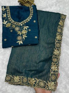 Celebrity Inspired Best Selling Long Length Cut Border Work Mysore Cotton Slub Fabric Precio bajo Sari de moda con blusa - Product Image 2