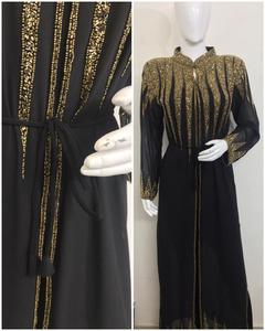 Robe de soirée sexy pour femme, broderie de strass, paillettes, devant ouvert, manches longues à perles, empire, froncée, longueur au sol, en georgette - Product Image 5