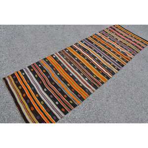 Alfombra turca Vintage naranja negra 28X89 pies Área grande Diseño de retazos étnicos clásicos Pasillo rectangular de látex de lana para habitaciones - Product Image 2