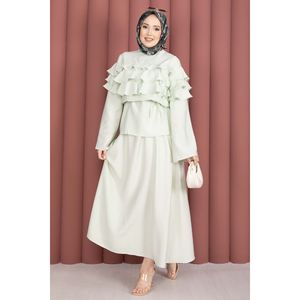 Conjunto de 2 Piezas para Mujer, Diseño Sólido, Tela Crepé, Talla XL, Cintura Imperio, Top Corto, Falda con Detalle de Volantes, Color Menta, para Club Nocturno - Product Image 4