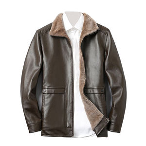 Chaqueta de Cuero para Hombre de Manga Larga, Cortavientos, Ajustada, con Cuello Camisero, Chaqueta de Cuero con Calefacción, con Peluche y Bolsillo Grande - Product Image 1