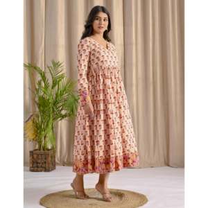 Robe longue Angrakha imprimée jaune crème avec jupe évasée, vêtements indiens et pakistanais - Product Image 6