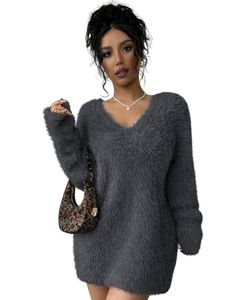 Vestido de Suéter de Punto Gris Personalizado para Mujer, Cuello en V, Manga Larga, Felpa Suave, Cálido para Invierno, Moda, OEM, Venta al por Mayor, Hecho a Medida - Product Image 1