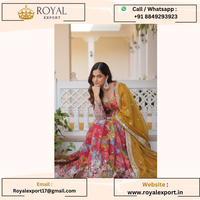 Georgette traditionnelle imprimée à fleurs avec séquence Anarkali Kurti avec pantalon et soie russe Collection Dupatta
