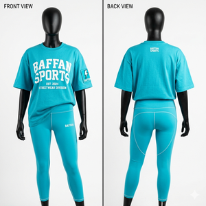 Conjunto de camiseta y leggings azul verdoso de mezcla de algodón, poliéster y spandex con paneles en contraste, costuras y logotipo personalizado. Conjuntos para mujer. - Product Image 5