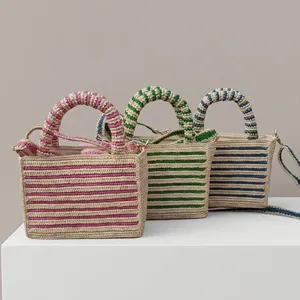 Sac fourre-tout unisexe élégant et écologique en crochet rayé avec fermeture éclair, poignée vert-beige, style bandoulière pour usage quotidien - Product Image 4