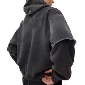 เสื้อฮู้ดดี้ผู้ชายสไตล์วินเทจ ล้างสีแบบแอซิด ผ้าเฟรนช์เทอร์รี่เนื้อหนา แขนยาวสองชั้น ตกแต่งลายปะติด ผ้าฝ้าย 100% สำหรับฤดูหนาว - Product Image 6