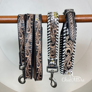 Nouveauté Produit pour chien personnalisé usiné à la main en cuir véritable motif tournesol Collier de chien, laisse et laisse de circulation 3 pièces ensembles combinés - Product Image 1