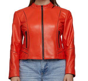 Chaqueta clásica de cuero de piel de oveja naranja Original para mujer 2025 MOQ bajo 100% chaquetas de moda calentadas de invierno al por mayor de alta calidad - Product Image 1