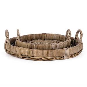 Bandeja de servicio de yute de ratán decorativa hecha a mano con acabado de incrustaciones de hueso Juego de 3 bandejas de servidor de alimentos de forma redondeada - Product Image 3