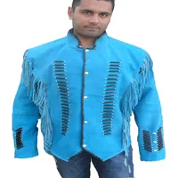 เสื้อแจ็กเก็ตแบบมีพู่ของผู้ชาย,เสื้อแจ็กเก็ตหนังวัวนิ่มสีน้ำเงินงานทำมือลายกระดูกสไตล์คาวบอยสไตล์อินเดีย