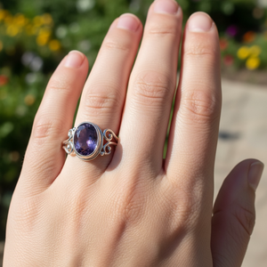 Bague en argent sterling avec améthyste naturelle, bijoux bohèmes faits à la main pour femmes, bague ovale en pierre précieuse de style vintage, pierre de naissance de février - Product Image 1