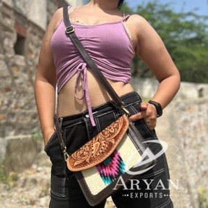 South Western Tooled <b>White</b> Aztec Leather Sling <b>Bags</b> Vintage Brown Real Genuine Leather <b>Women's</b> Multiple Uses Crossbody Handbags - Product Image 1