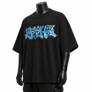 T-shirt Streetwear Vert Oversize Homme Coton Imprimé Graffiti Typographie Coupe Ample Épaules Tombantes Vente en Gros OEM - Product Image 6