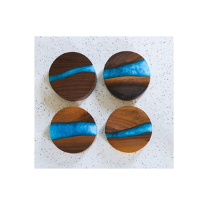 Sous-verres décoratifs de style antique avec finition en bois de noyer foncé fait à la main et ensemble de sous-verres en résine bleue pour la décoration de la maison - Product Image 4