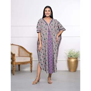 Caftán de Algodón Estampado a Mano, Vestido Casual Elegante para Mujer, Transpirable, Largo hasta el Suelo, para el Tiempo Libre, Club, Día de San Valentín - Product Image 1