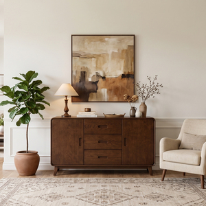 Midcentury Modern Natural Oak Living Room <b>Cabinet</b> 3 <b>Drawer</b> 2 Flat Panel Door <b>Storage</b> Sideboard Console Furniture 3-Year Warranty - Product Image 1