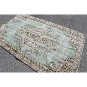 Tapis turc vintage écologique 4,9x8,2 pieds, tapis en laine patchwork vert avec envers en latex - Product Image 4