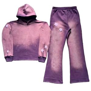 Logo personnalisé hommes bouffée impression 400gsm acide lavage à capuche et pantalon de survêtement évasé ensemble soleil délavé survêtement survêtement - Product Image 5