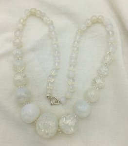 White Opaline Glass Large <b>Bead</b> <b>Necklace</b> With clear Crystal Discs and Sterling Silver Clasp Fringe Beaded Bandana - Product Image 1
