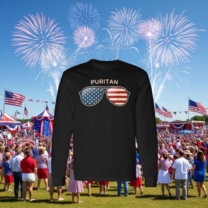 T-shirt a maniche lunghe Puritan con bandiera USA, occhiali da sole, grafica patriottica, girocollo unisex per adulti, stampa digitale - Product Image 2