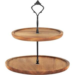 Support à gâteau rond en bois de manguier à 2 niveaux avec buffet en or en bois d'acacia poli original respectueux de l'environnement - Product Image 4