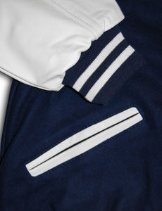 Veste universitaire bleu marine pour homme personnalisée, manches en cuir blanc, style décontracté, sport, baseball, bomber, avec patch - Product Image 4