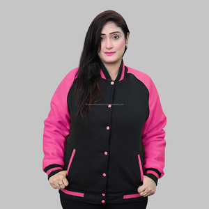 Veste universitaire Letterman conçue sur mesure pour femmes, corps noir, manches rose cyber, vestes universitaires vierges en molleton de coton, vente en gros OEM - Product Image 1