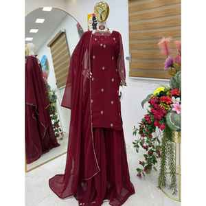 Nouvel ensemble de fête et de mariage moderne de créateur, Kurti-Sarara en Georgette Fox avec broderie et sequins, col à l'indienne, style Palazzo et Dupatta - Product Image 1