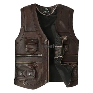 2024 Autumn Winter Men's Leather Shirt Zipper <b>Stand</b> Collar High Street Casual Sleeveless Multiple Pockets Breathable Waterproof - Product Image 3