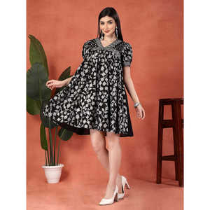 Vestido de Verano para Mujer, Cuello en V, Estampado Étnico Negro, Algodón Transpirable, Estilo Imperio - Product Image 3