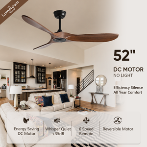 52 Inch Wood <b>Ceiling</b> <b>Fan</b> No Light with <b>Remote</b> <b>Control</b> 3 Solid Wood Blades Reversible DC Motor for Living Room - Product Image 1