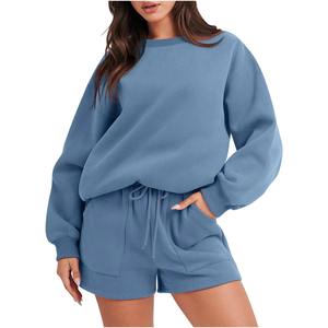 Wholesale 2025 Sweatsuit Sets <b>Women</b> Fashion Round Neck <b>Long</b> Sleeve Solid Color Casual Top Sweatshirt <b>Shorts</b> Set - Product Image 4