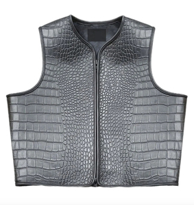 Gilet en toile noire et cuir avec un design minimaliste, fermeture boutonnée sur le devant, vêtement d'extérieur d'automne - Product Image 1