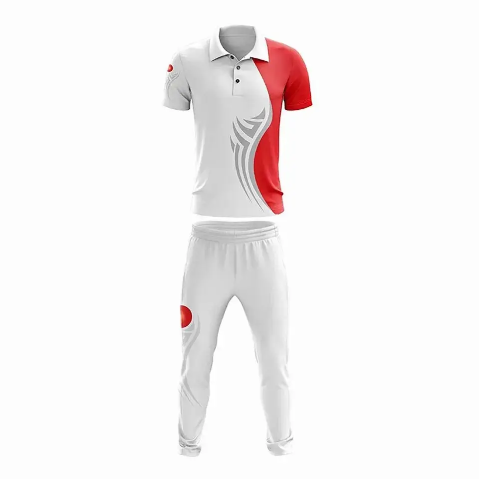 เสื้อคริกเก็ตสีแดงและสีขาวที่กำหนดเองและกางเกงในหลายสีและการออกแบบเครื่องแบบคริกเก็ต Sublimated กับโลโก้ของคุณ