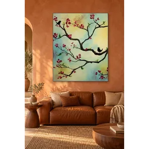 Fida Deux oiseaux noirs sur une branche fleurie, impression sur toile - Product Image 4