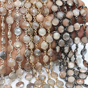Brass Natural Moonstone Multi Color AB Coated <b>Coin</b> Shape Briolette 9mm Bezel Connector Chain for Jewellery Making Sold Per Foot - Product Image 1