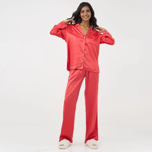 Conjunto de pijama de manga larga de satén para mujer con pantalones de cintura elástica para ropa de dormir de otoño - Product Image 1