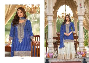 Élégant costume de palazzo entièrement cousu en soie de chinon lourde avec impression numérique avec broderie complexe et travail de séquence - Product Image 2