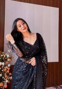 Sari non cousu en tissu georgette monochrome noir, broderie, dernière collection exclusive, tenue ethnique de mariée, tenue de fête, mariages, look époustouflant - Product Image 4