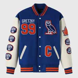 Veste universitaire Gretzky OVO, style vintage, entièrement boutonnée, corps en laine, manches en cuir véritable, taille plus, tricotée - Product Image 1