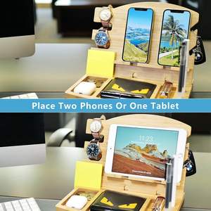 Plateau de station d'accueil de téléphone en bambou deux téléphones portables ou tablettes plateau de fromage en bambou femmes table de chevet organisateur téléphone clé support de montre - Product Image 2