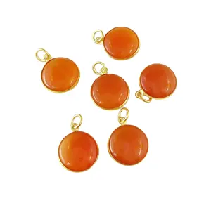 Carnelian รอบ BEZEL จี้ 15 มม.Carnelian ธรรมชาติเรียบ 18K ทอง Vermeil 925 เงินสเตอร์ลิง BEZEL จี้สร้อยคอ