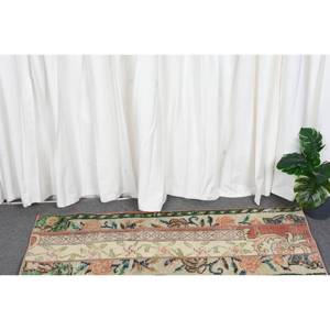Tapis en laine turque vintage 1.6x4,1 pieds Beige et vert grande zone de patchwork rectangulaire avec support en latex pour décor de couloir - Product Image 2