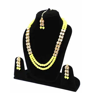 24K Gold Plated Kundan Long Necklace Set Vintage Style Bridal and Party Fine Jewelry with Zircon <b>Yellow</b> - Product Image 2
