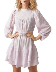 Tunique bohème pour femme à col haut, mini, 100% coton crêpe, manches ballon vintage, taille élastique, boutons au dos du col - Product Image 1
