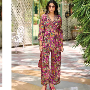 ชุดงานประสานผ้าไหมแท้มีสไตล์พิมพ์ลายดิจิทัลสไตล์พื้นเมืองพร้อมคางสำหรับงานปาร์ตี้และทุกโอกาส - Product Image 1