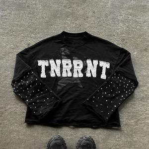 Custom Heavyweight Washed Distressed Patchwork Embroidery Double Layer <b>Long</b> Sleeve T-shirt Cotton Boxy Rhinestone <b>tShirt</b> for Men - Product Image 3