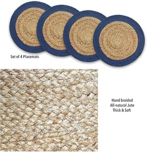 Round Verona Woven Jute Cotton Braided Placemat for Dining <b>Table</b> Decor Wedding Family Gatherings Parties With <b>Blue</b> Border - Product Image 4